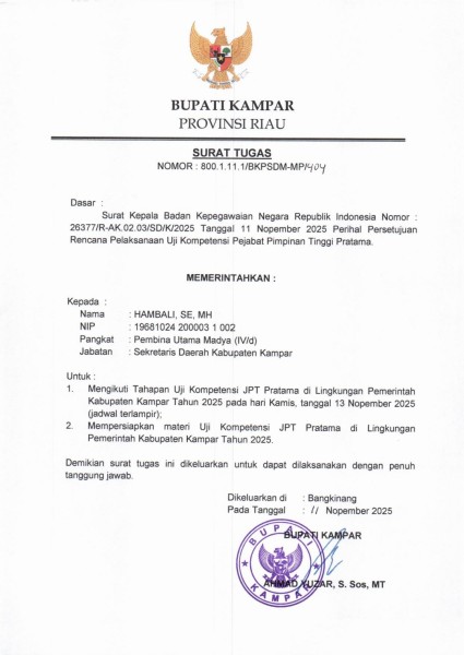 Sekda Kampar Hambali Dapat Surat Tugas Uji Kompetensi Pasca Perseteruan dengan Bupati
