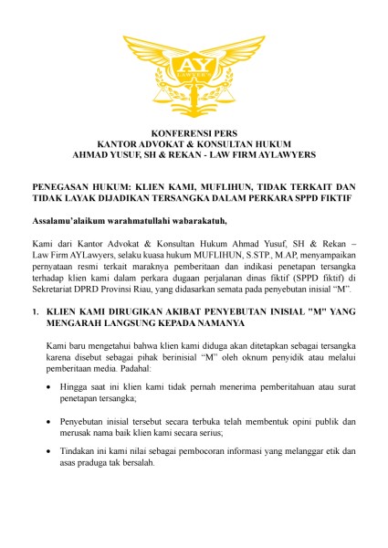 Kuasa Hukum Muflihun Tegas: Klien Kami Tidak Terlibat dan Tak Layak Jadi Tersangka SPPD Fiktif