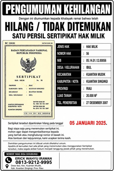 PENGUMUMAN KEHILANGAN SERTIPIKAT HAK MILIK (SHM) TANAH - (Pengumuman Kedua)