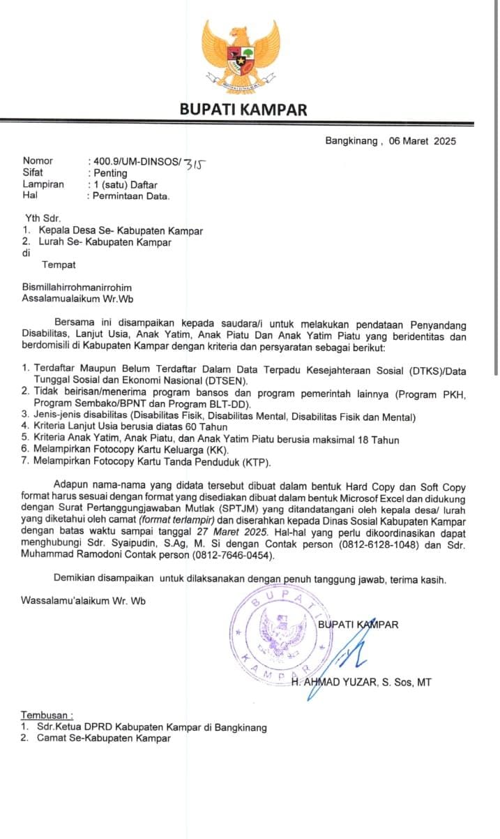 Bupati Kampar Instruksikan Pendataan Penyandang Disabilitas, Lansia, dan Anak Yatim