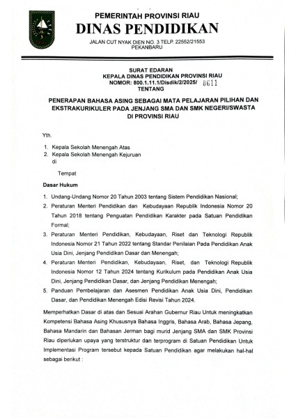 Disdik Riau Wajibkan Bahasa Asing Jadi Ekstrakurikuler di SMA dan SMK
