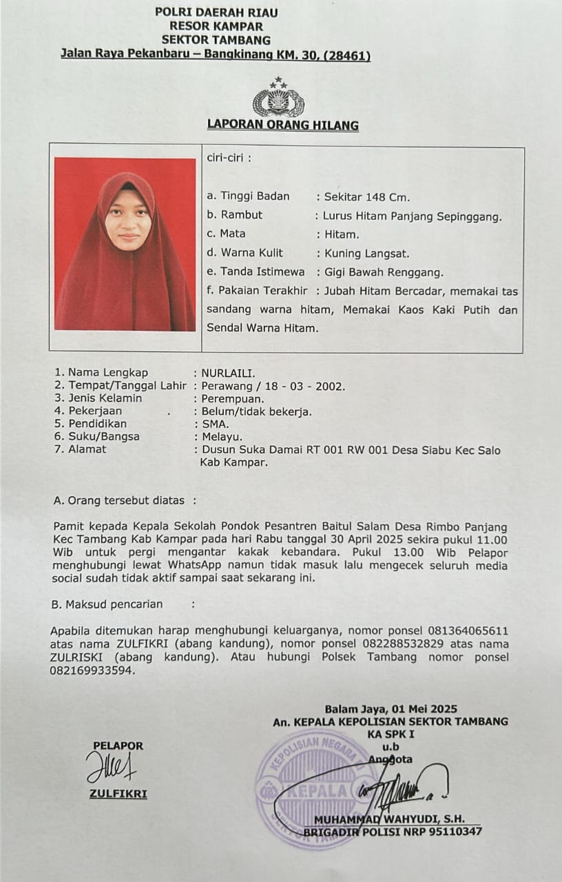 Seorang Santriwati di Kampar Dilaporkan Hilang Usai Pamit Antar Kakak ke Bandara