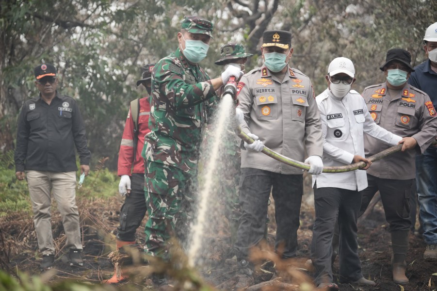 Kapolda Riau dan Pangdam Tuanku Tambusai Patroli Udara Karhutla, Turun Langsung Padamkan Api di Pelalawan