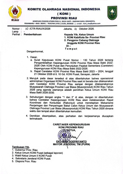 KONI Pusat Tunjuk Caretaker, Musorprovlub Riau Segera Digelar