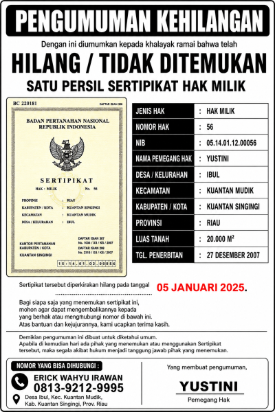 Pengumuman Kehilangan Sertipikat Tanah (SHM)