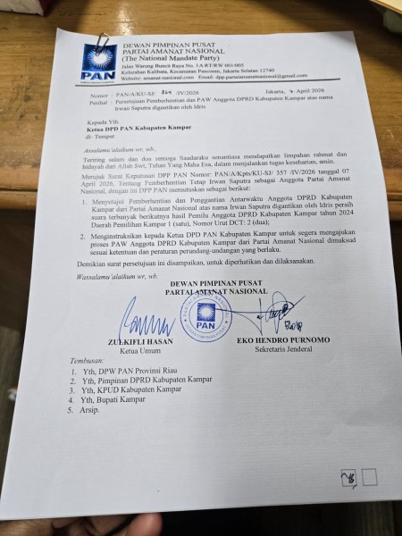 Proses PAW Anggota DPRD Kampar dari PAN Masuk Tahap Administratif Usai Paripurna