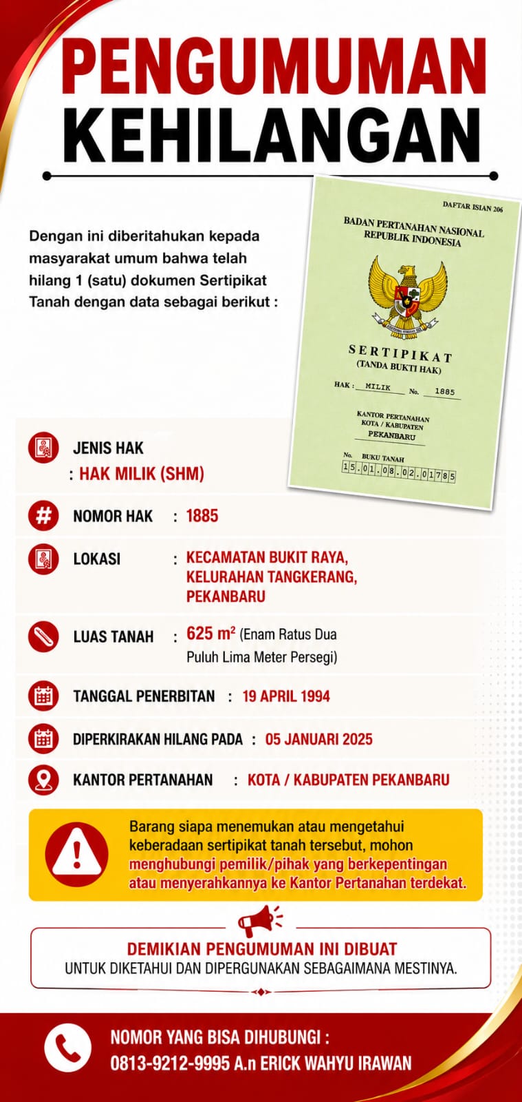 -PENGUMUMAN KEHILANGAN SERTIPIKAT TANAH (SHM) - (Pengumuman Pertama)