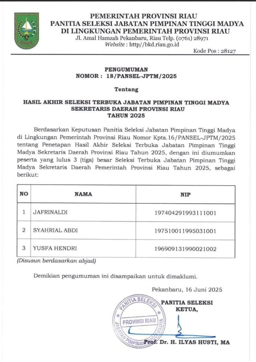 Inilah Tiga Nama Lolos Seleksi Sekda Riau