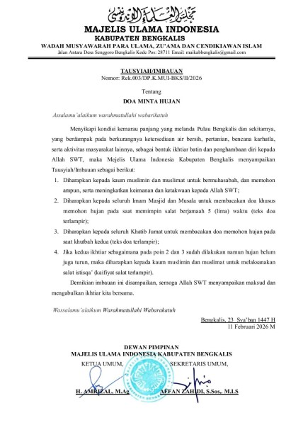 MUI Kabupaten Bengkalis Keluarkan Tausiyah dan Imbauan Doa Minta Hujan