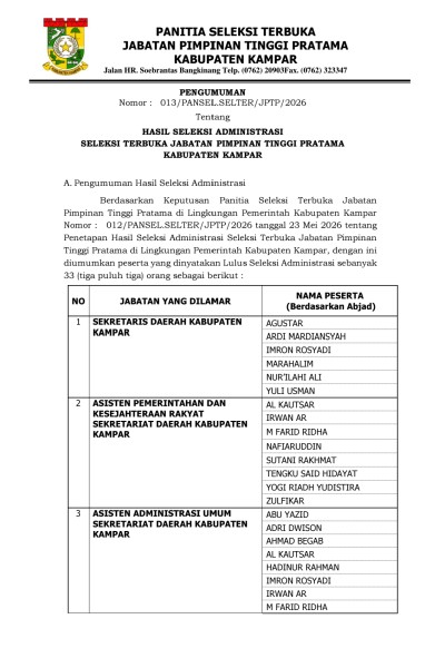 Pansel Umumkan 33 Peserta Lulus Seleksi Administrasi JPT Pratama Kampar